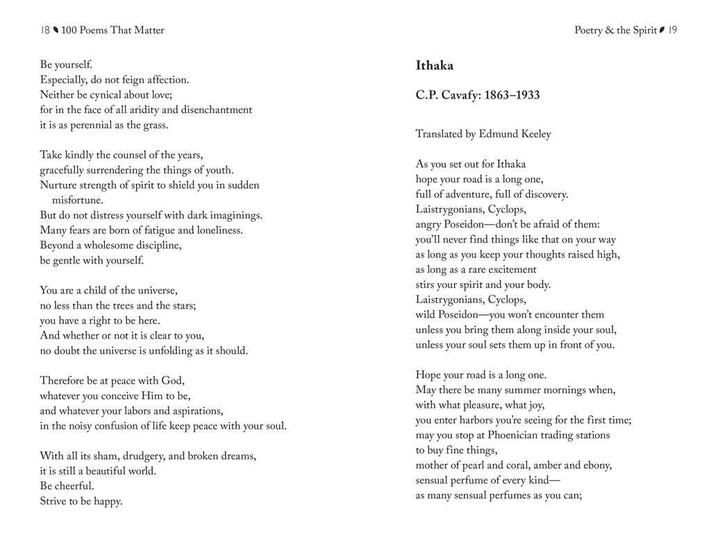 Poem 'Ithaka' by C.P. Cavafy with translation by Edmund Keeley on a white background.