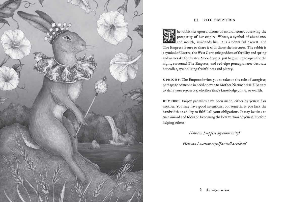 Illustration of a rabbit with flowers and text on a book page.