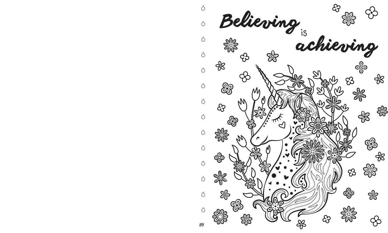 Unicorn with floral design and 'Believing is achieving' text on a white background