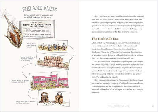 Book page with text and illustrations about 'Pod and Floss' and herbicide history.