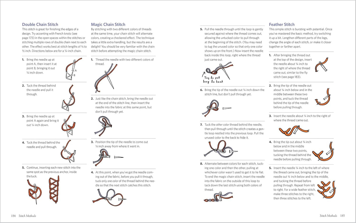 Instructions for various stitches with diagrams on a white background