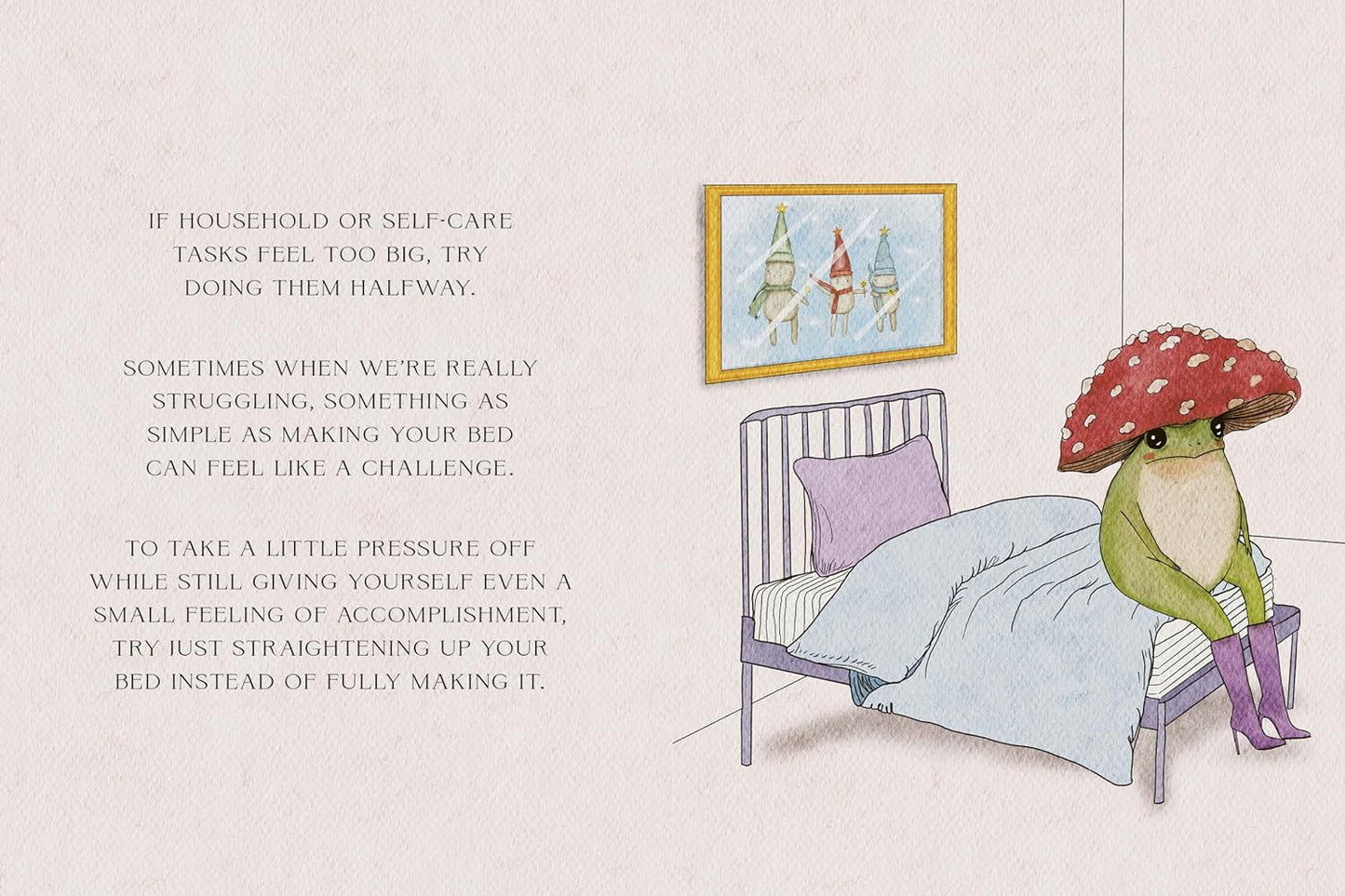 Illustration of a frog with a mushroom hat sitting on a bed, with text about self-care on a light pink background.