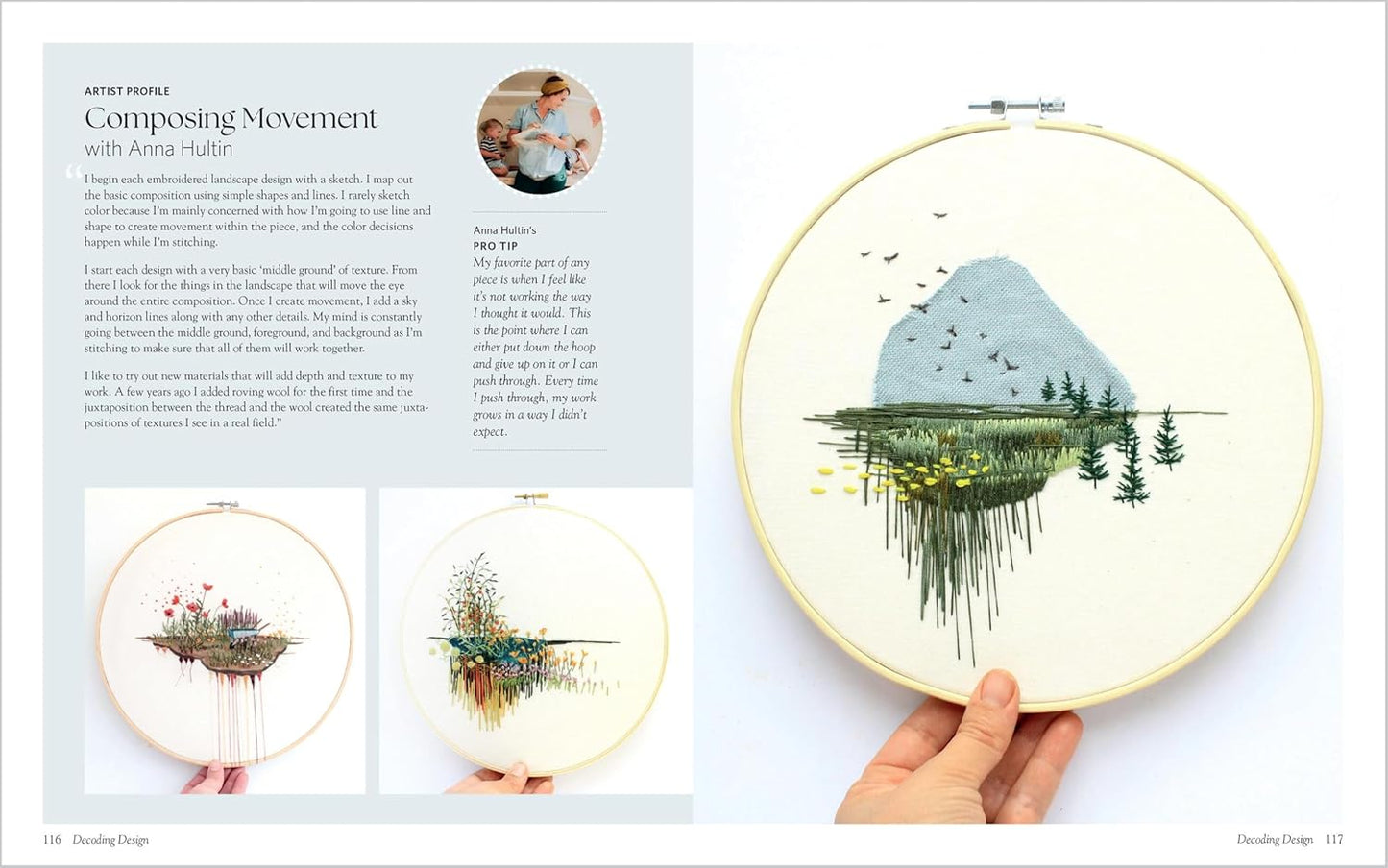 Embroidery hoop with nature-themed design held by a hand, surrounded by text and additional designs on a white background.