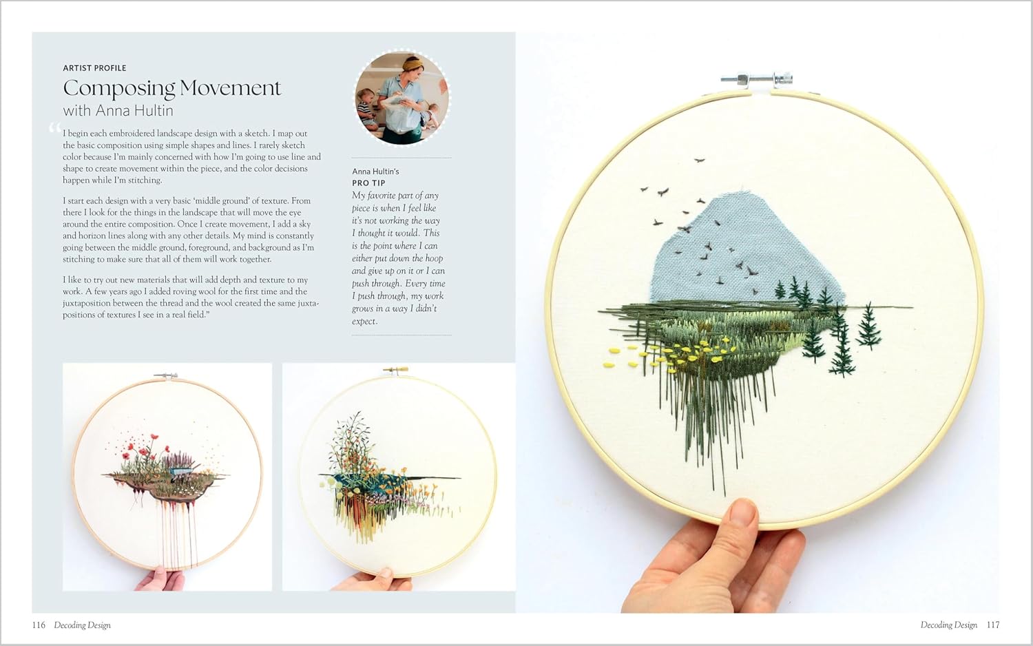 Embroidery hoop with nature-themed design held by a hand, surrounded by text and additional designs on a white background.