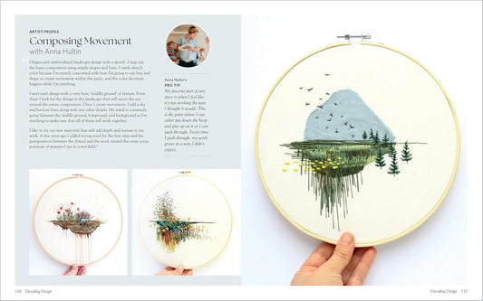 Embroidery hoop with nature-themed design held by a hand, surrounded by text and additional designs on a white background.