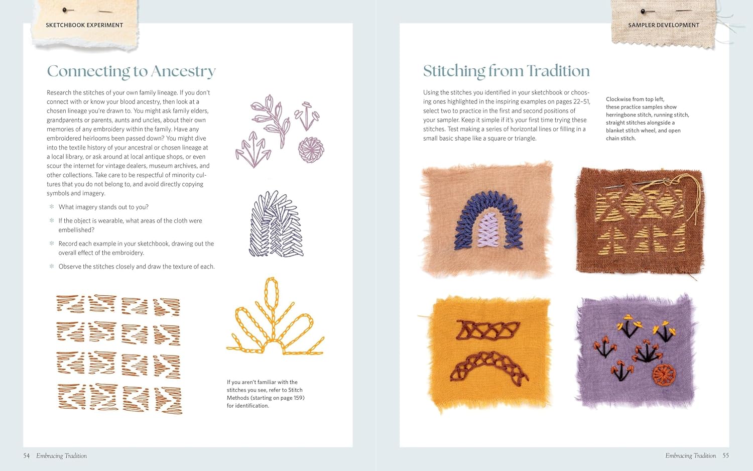 Page from a book featuring embroidery patterns and designs.