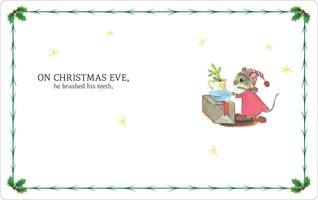 Illustration of a mouse brushing his teeth with Christmas decorations around, featuring text on a white background.