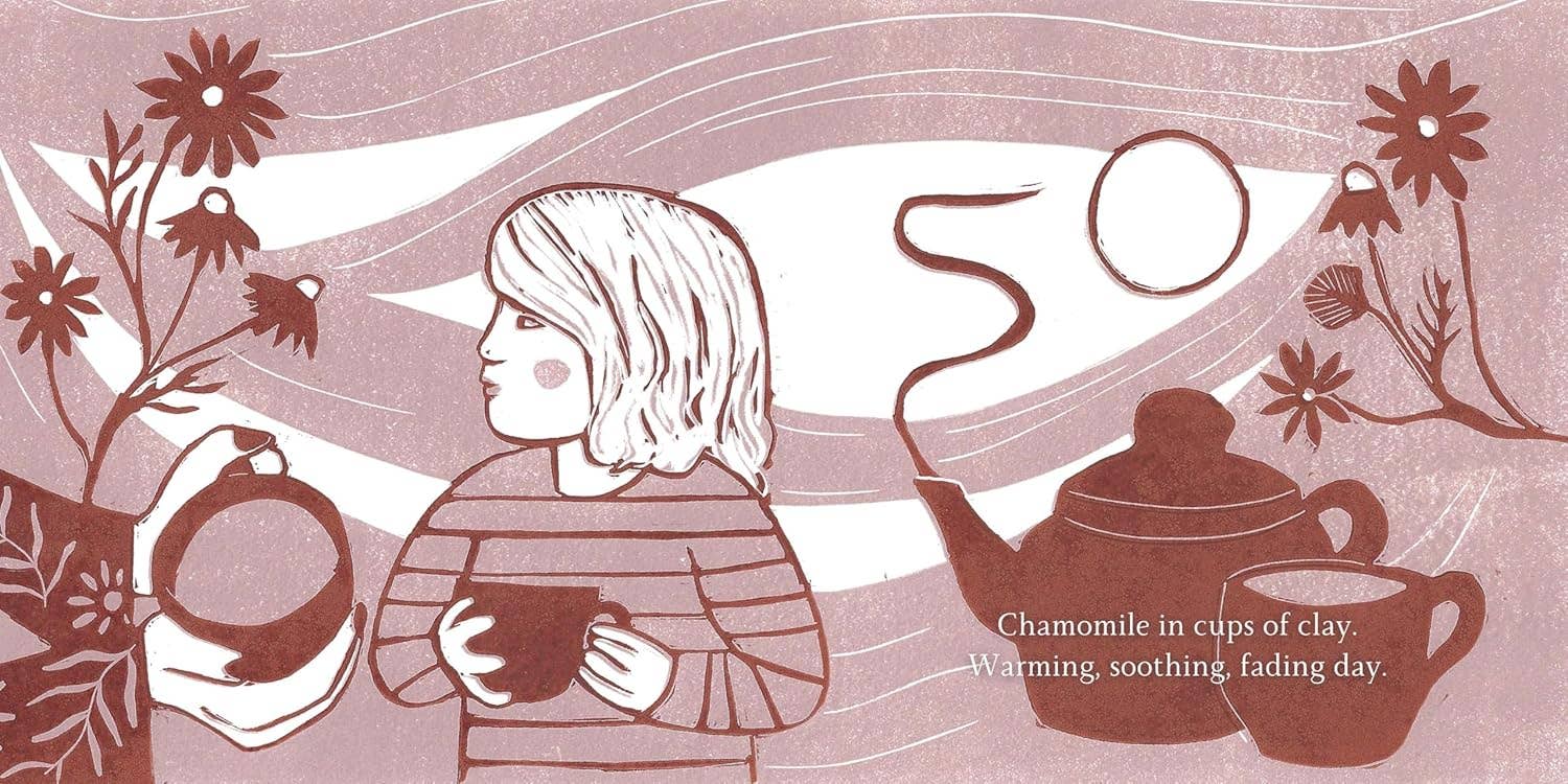 Illustration of a person holding a teacup with floral and teapot designs on a pink background.