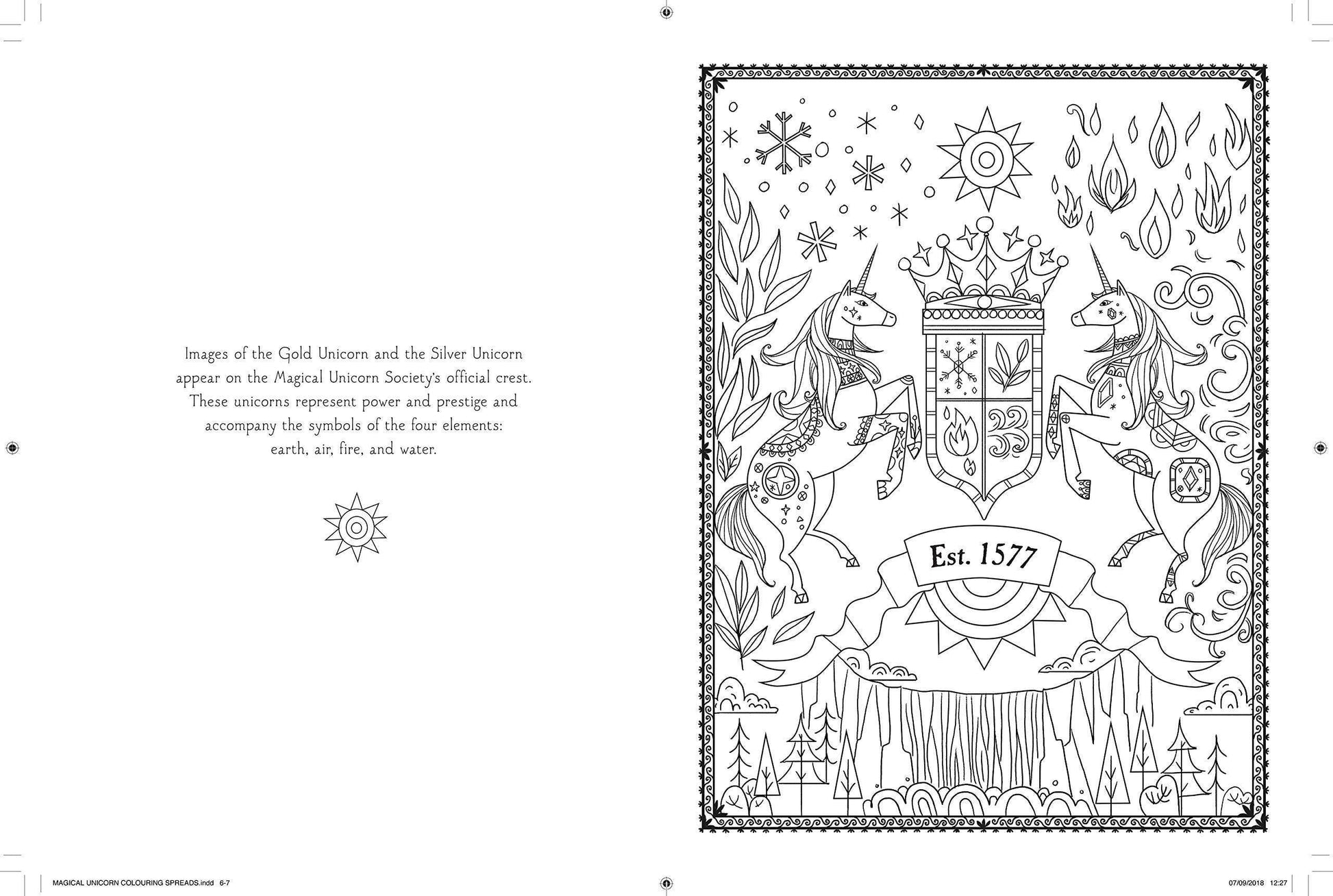 Unicorn-themed coloring page with intricate designs and text on a white background