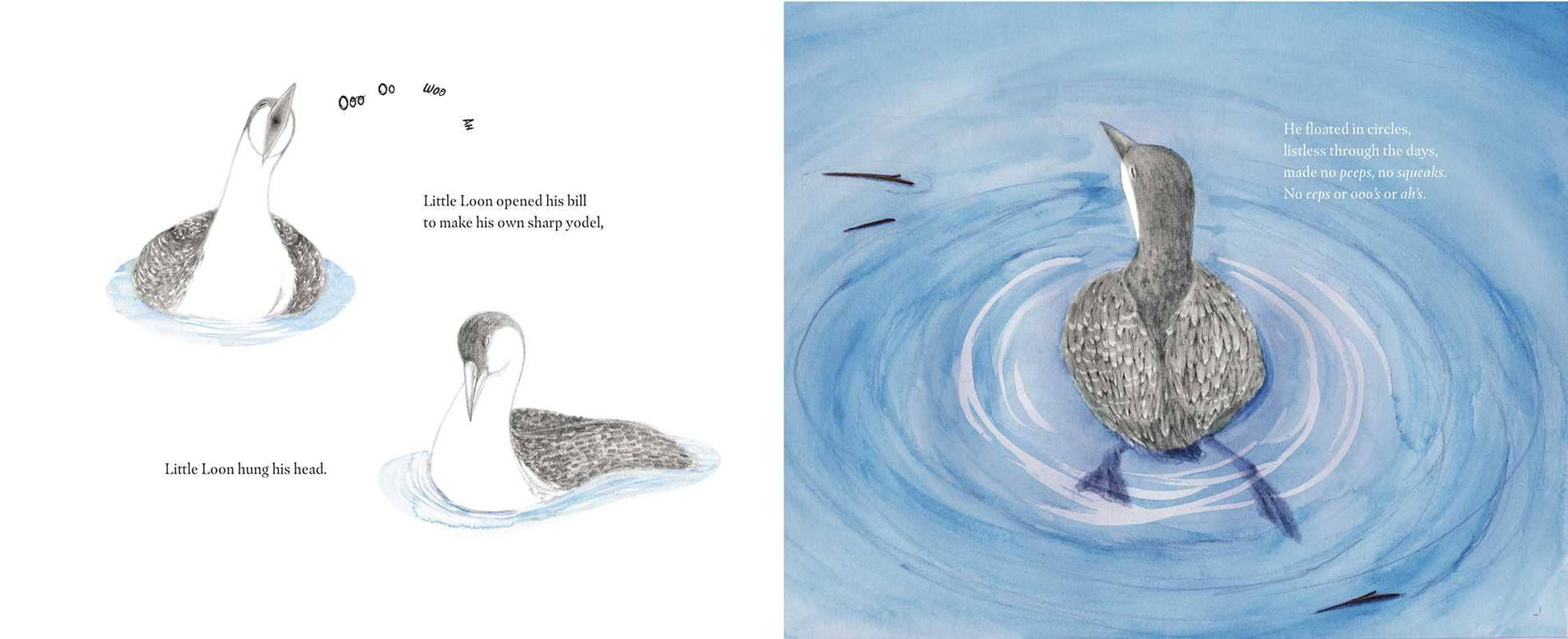 Illustration of a goose swimming with ripples on water, part of a children's book illustration.