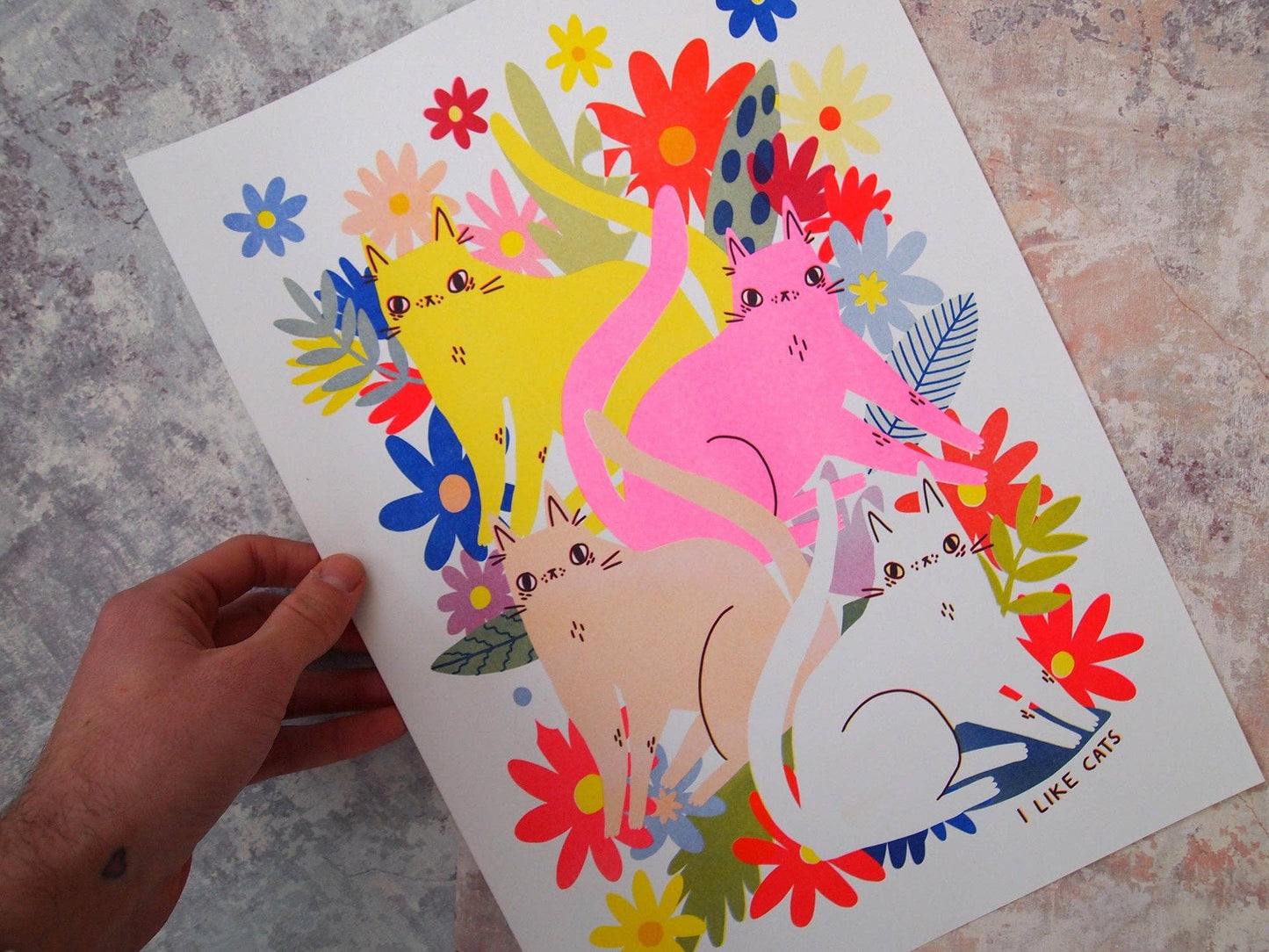 Cats and Flowers Riso Print Artwork