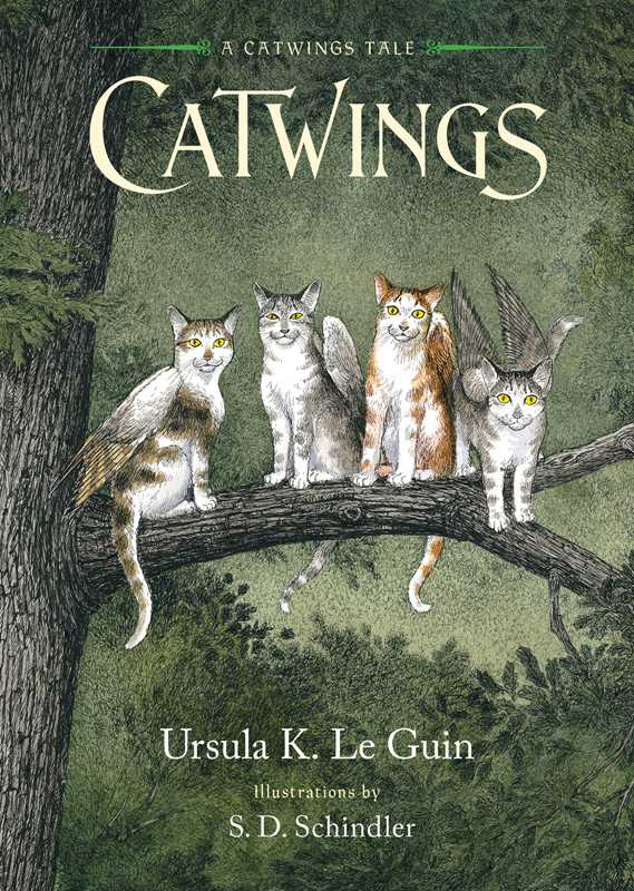 Book cover of 'Catwings' with four cats on a branch and green background