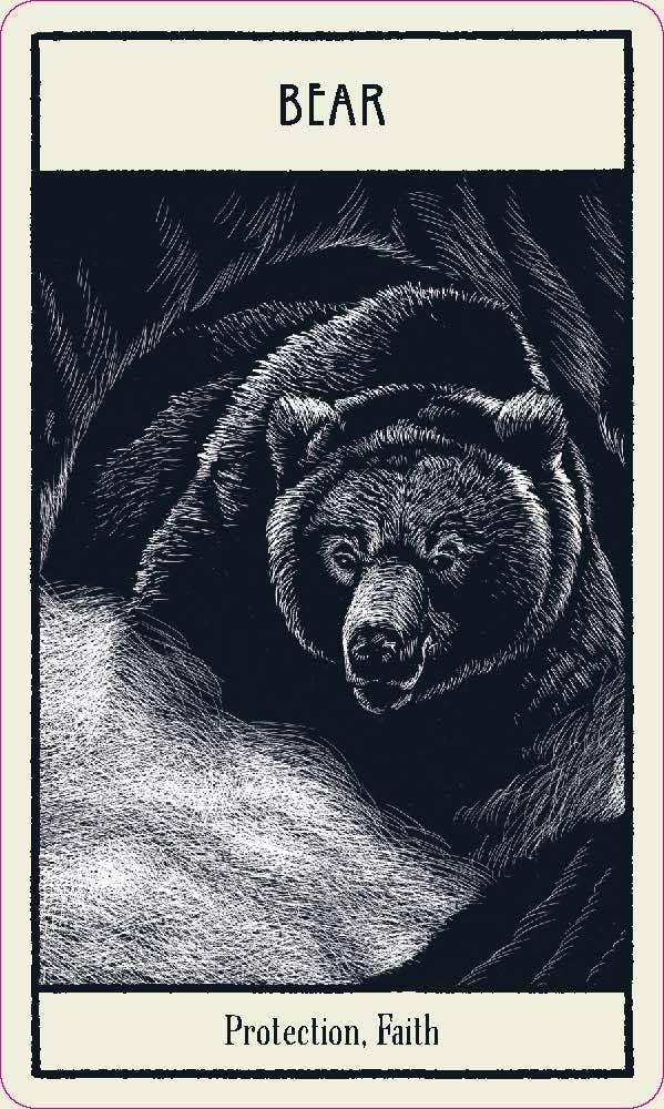 Black and white illustration of a bear with text 'Bear', 'Protection', and 'Faith' on a beige border.