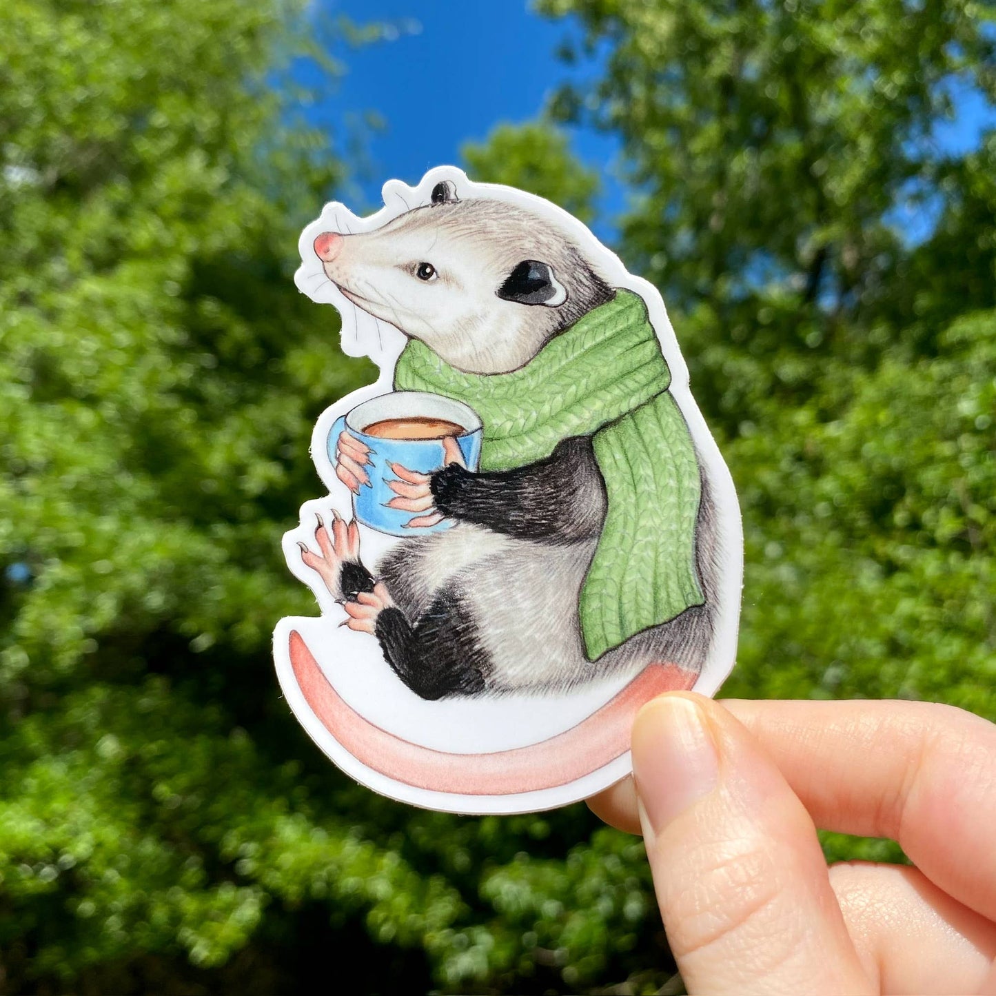 Cozy Opossum with Mug Weatherproof Vinyl Sticker