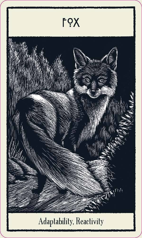 Card featuring a black and white illustration of a fox with text 'Fox' and descriptors 'Adaptability, Reactivity'.