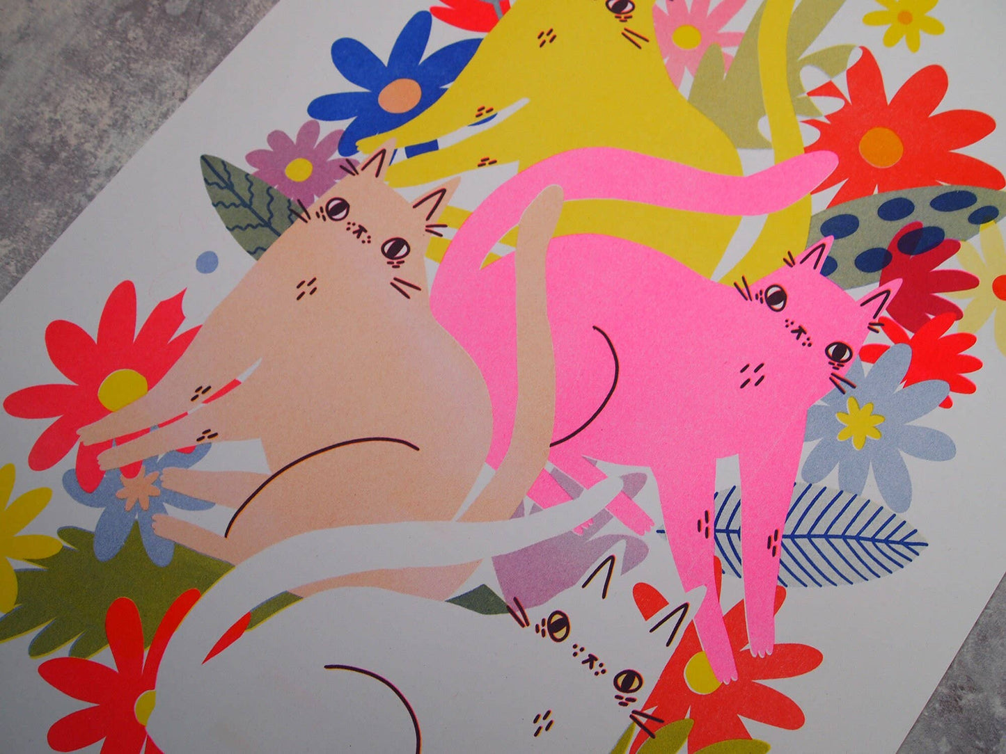 Cats and Flowers Riso Print Artwork