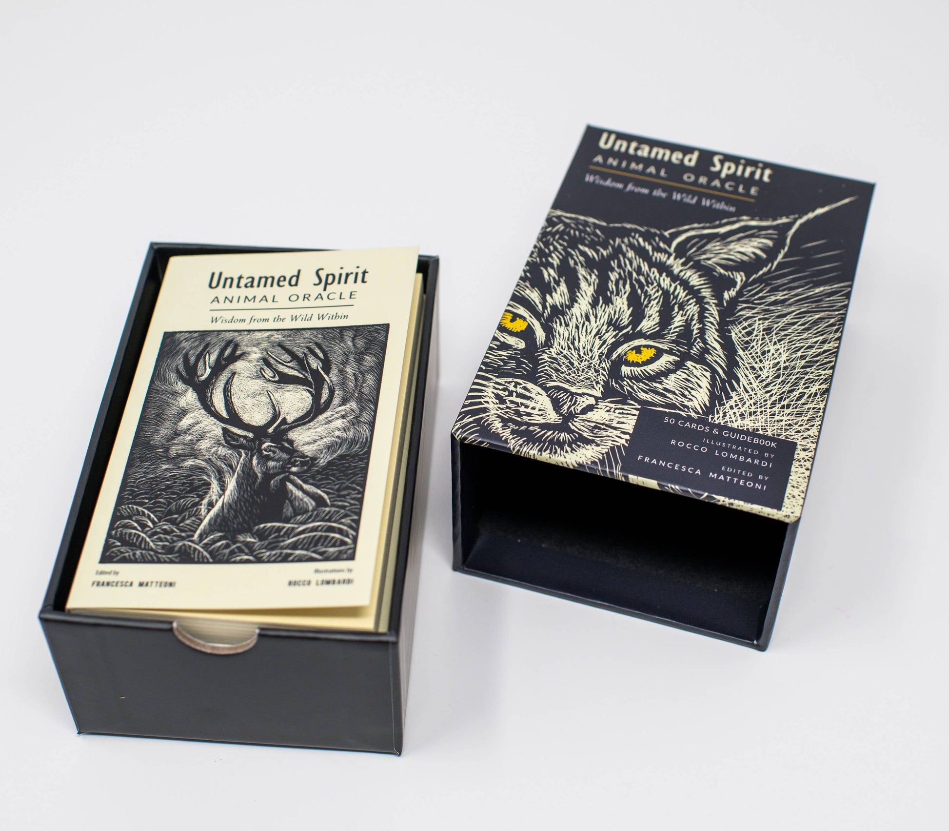 Open box containing 'Untamed Spirit Animal Oracle' cards with a cat illustration on a white background