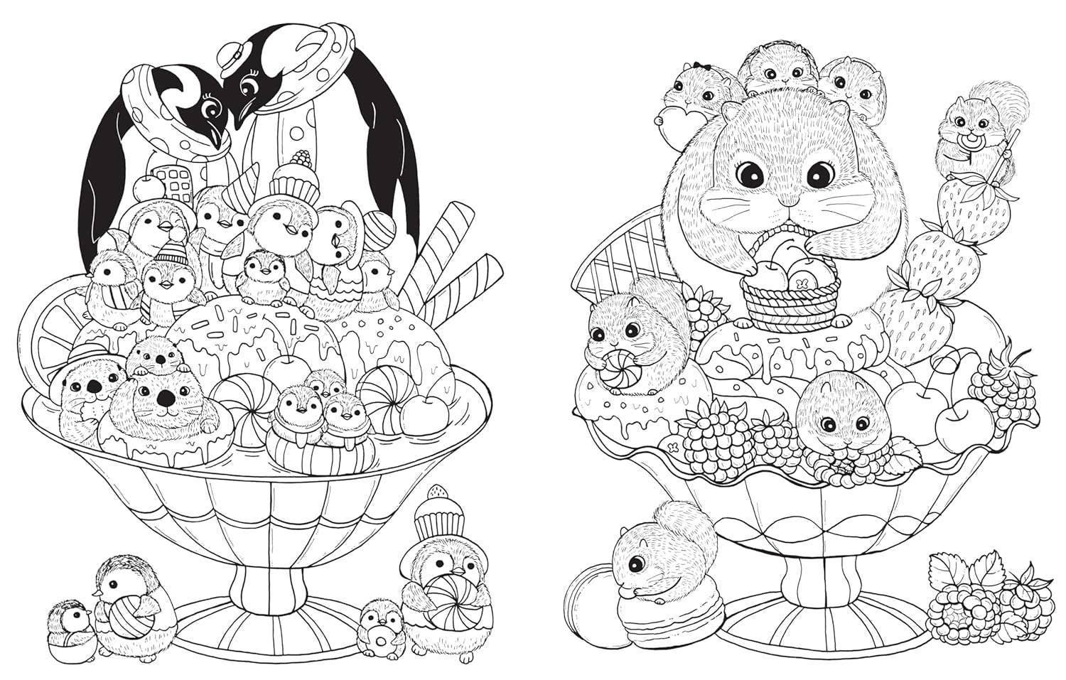 Coloring page with penguin and hamster characters around a dessert.