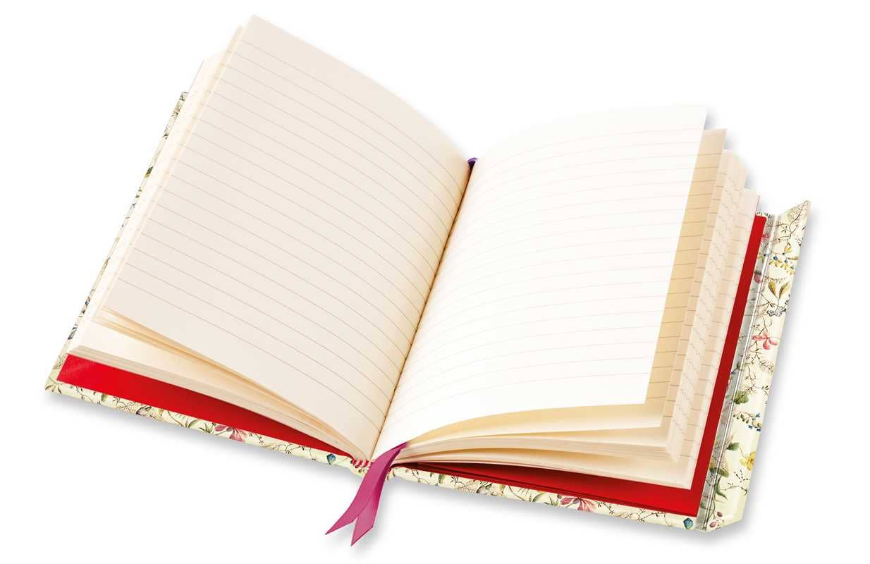 Open notebook with floral design on the cover and red ribbon marker on a white background