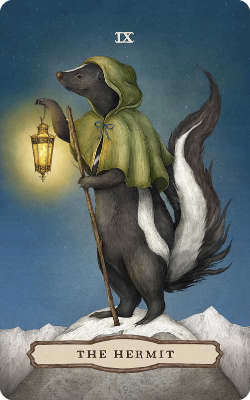 Illustration of a badger in a green hooded cloak holding a lantern, with 'The Hermit' text at the bottom.