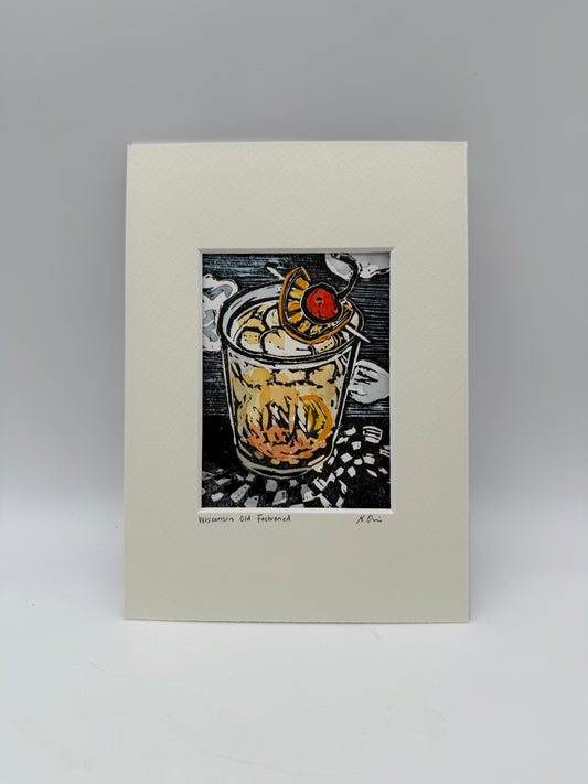 Original Linocut Matted Print 5X7 - WI Old Fashioned