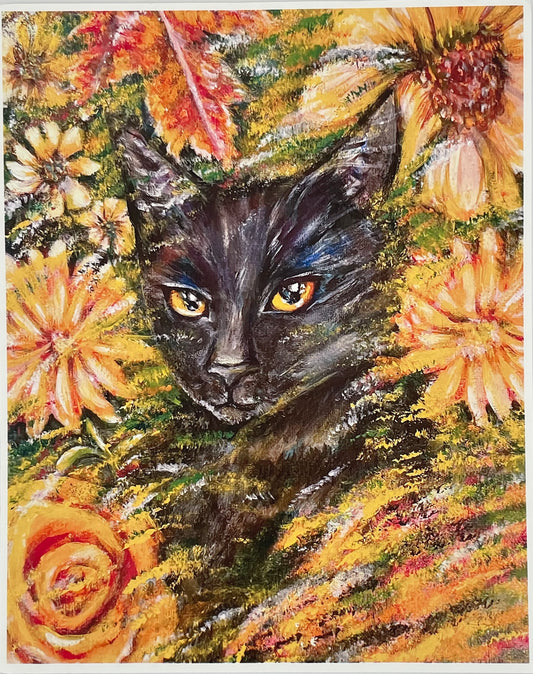 Black Cat with Yellow Flowers Print