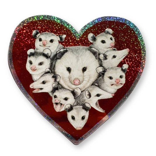 Mom Opossum with Babies Sparkly Heart Sticker