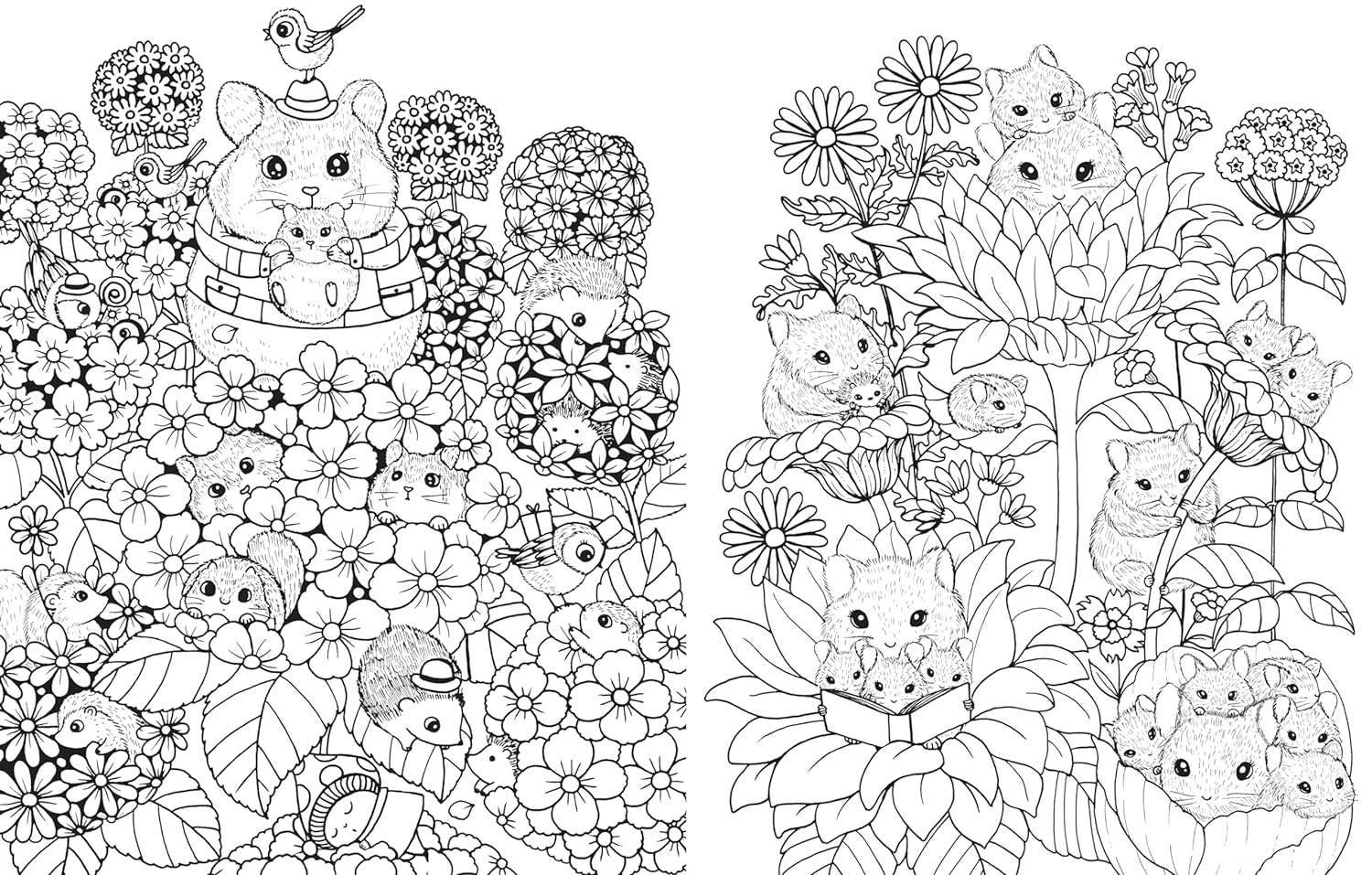 Two coloring pages with black and white illustrations of animals and flowers.