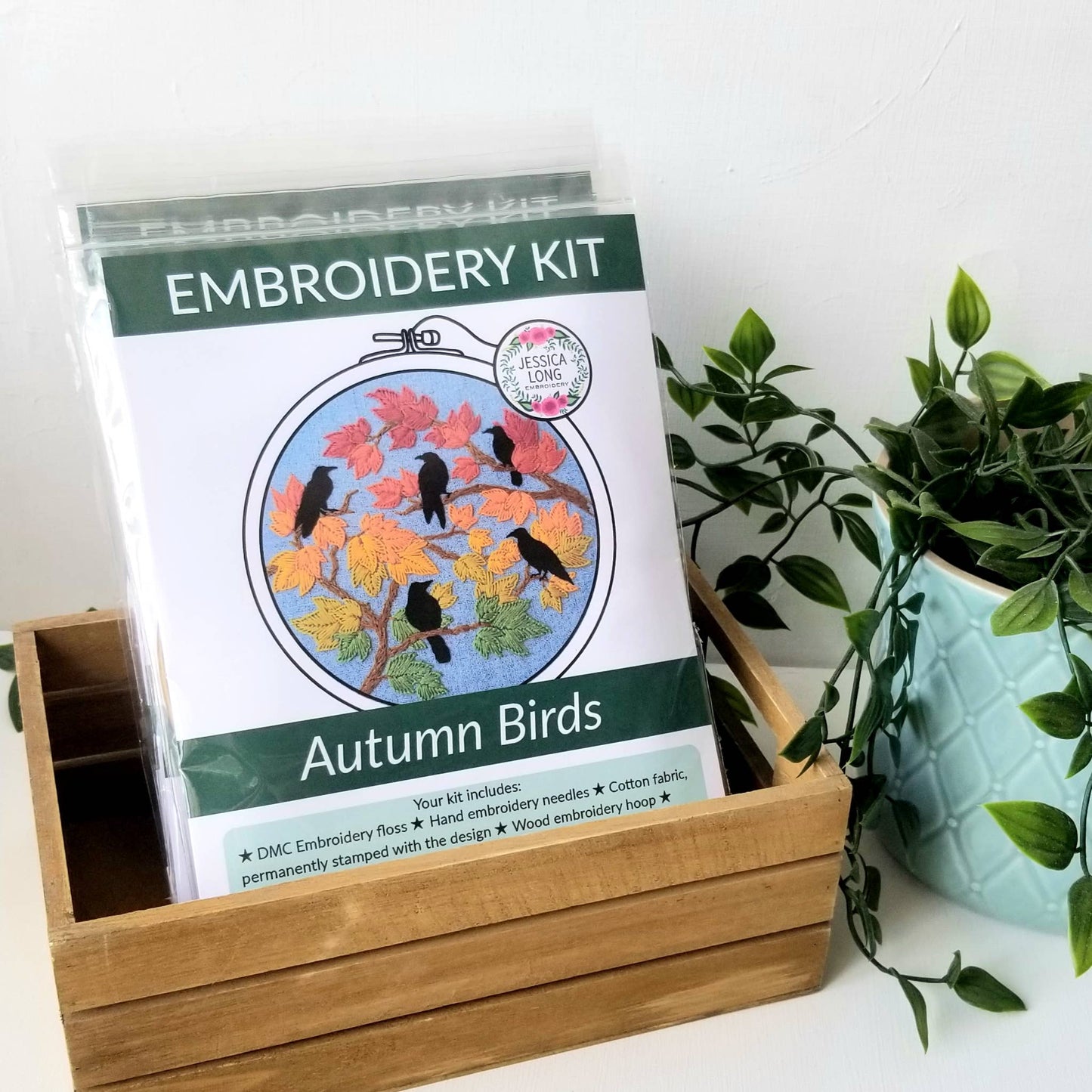 Autumn Birds Embroidery Kit: Grey - blue - The Regal Find