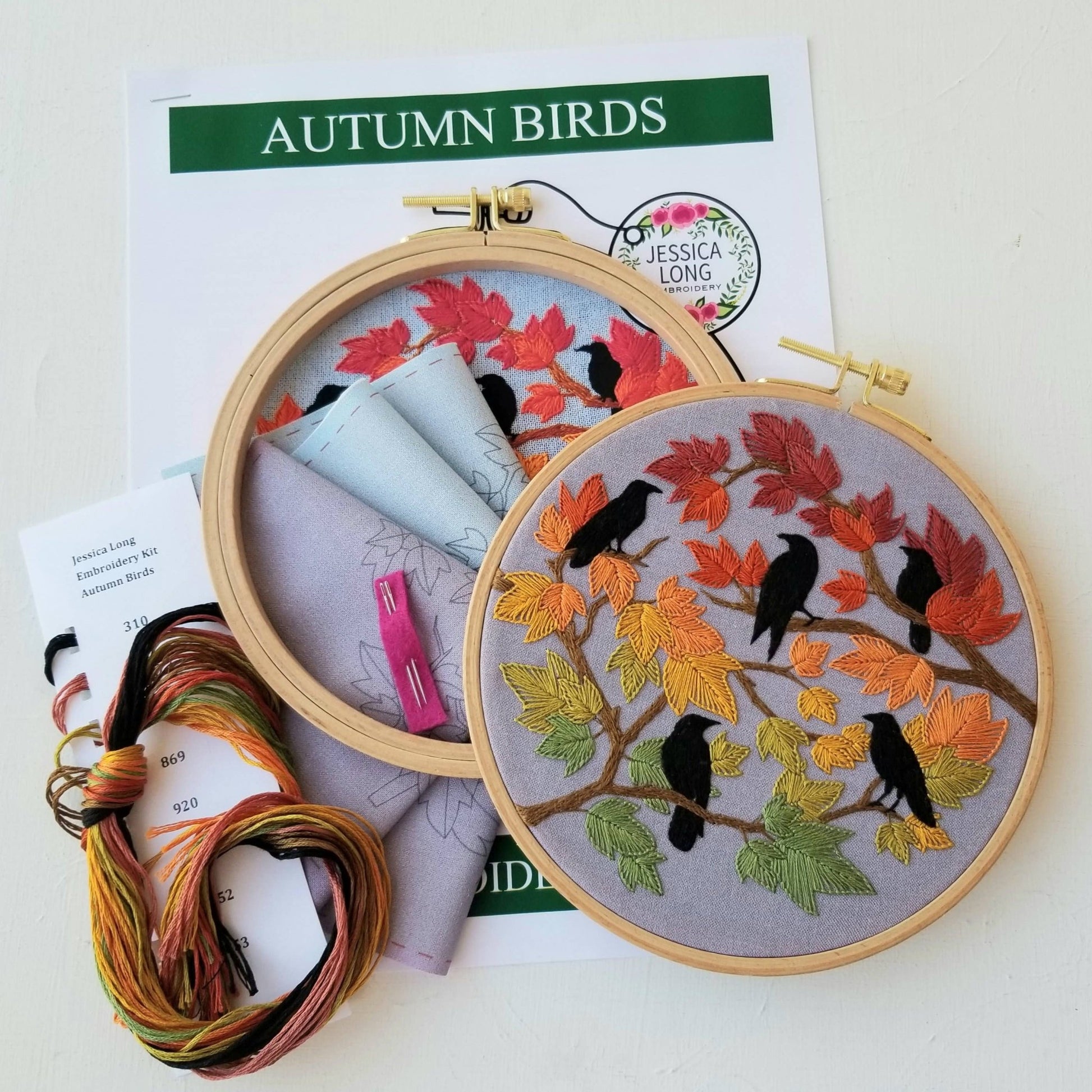 Autumn Birds Embroidery Kit: Grey - blue - The Regal Find