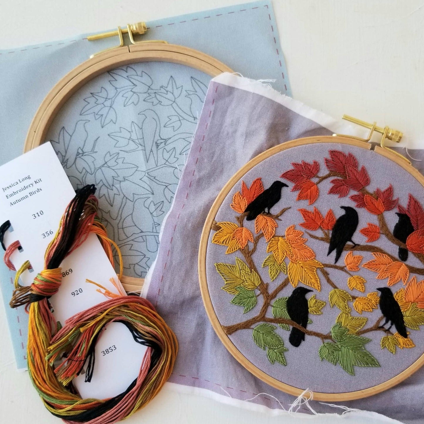 Autumn Birds Embroidery Kit: Grey - blue - The Regal Find