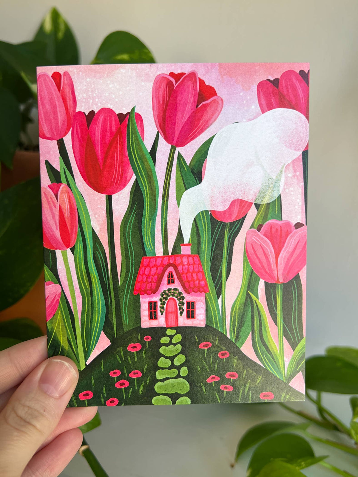 Pink Tulip Cottage Greeting Card, Blank Everyday Card