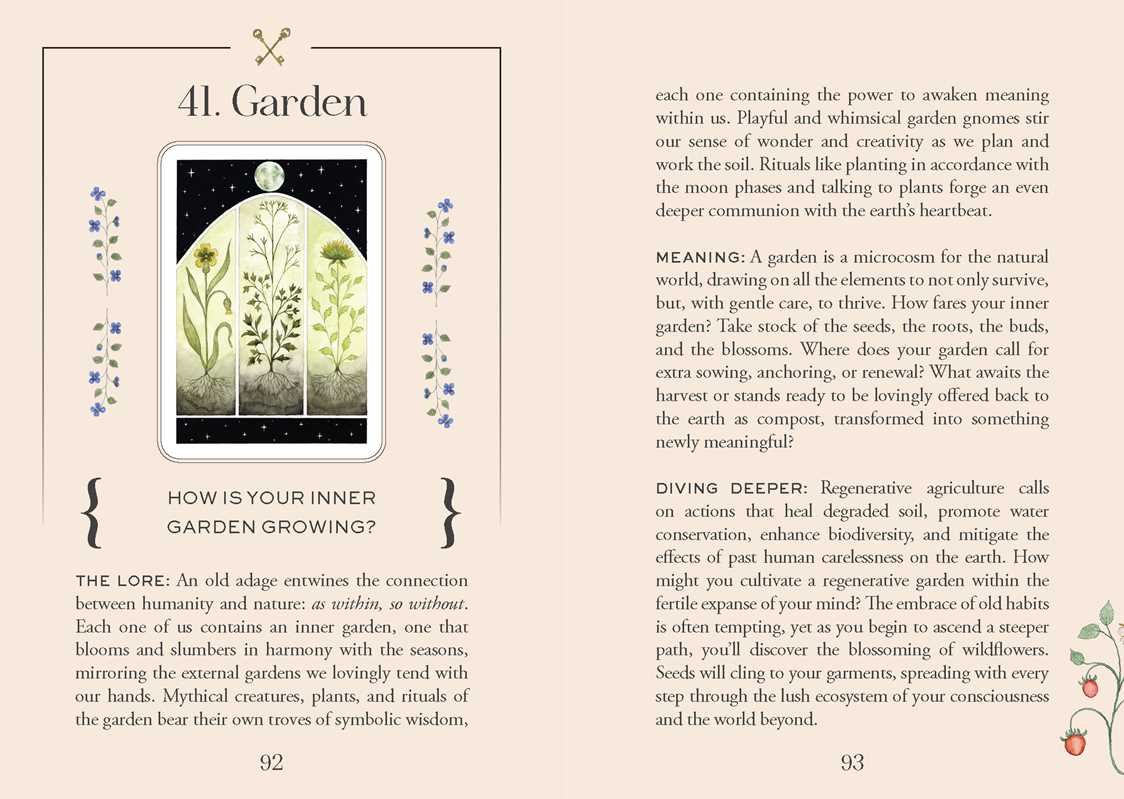 Page from a book or magazine featuring an illustration of a garden with text about gardening and its symbolic meanings.