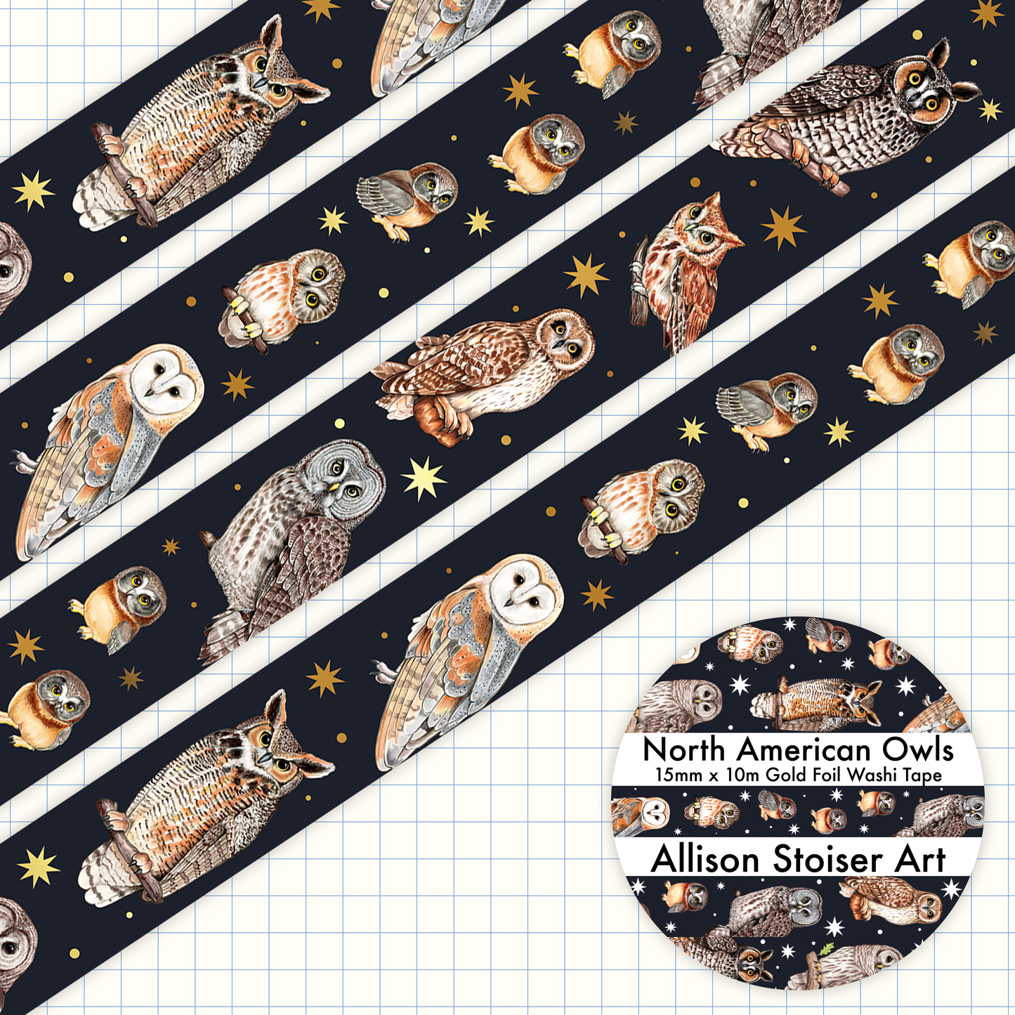 North American Owls Gold Foil Washi Tape