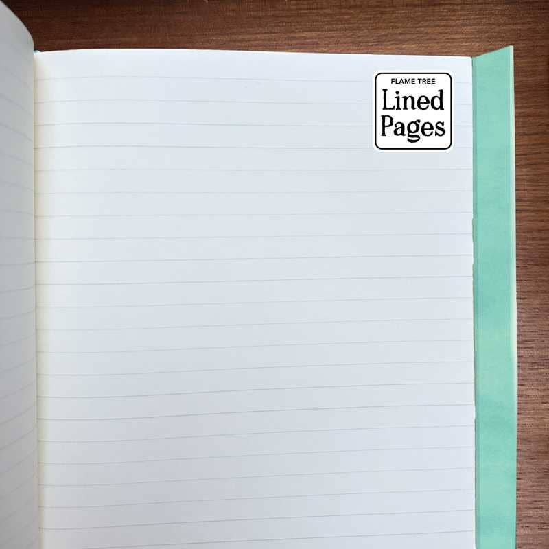 Open notebook with lined pages on a wooden surface, featuring the 'Flame Tree' brand.