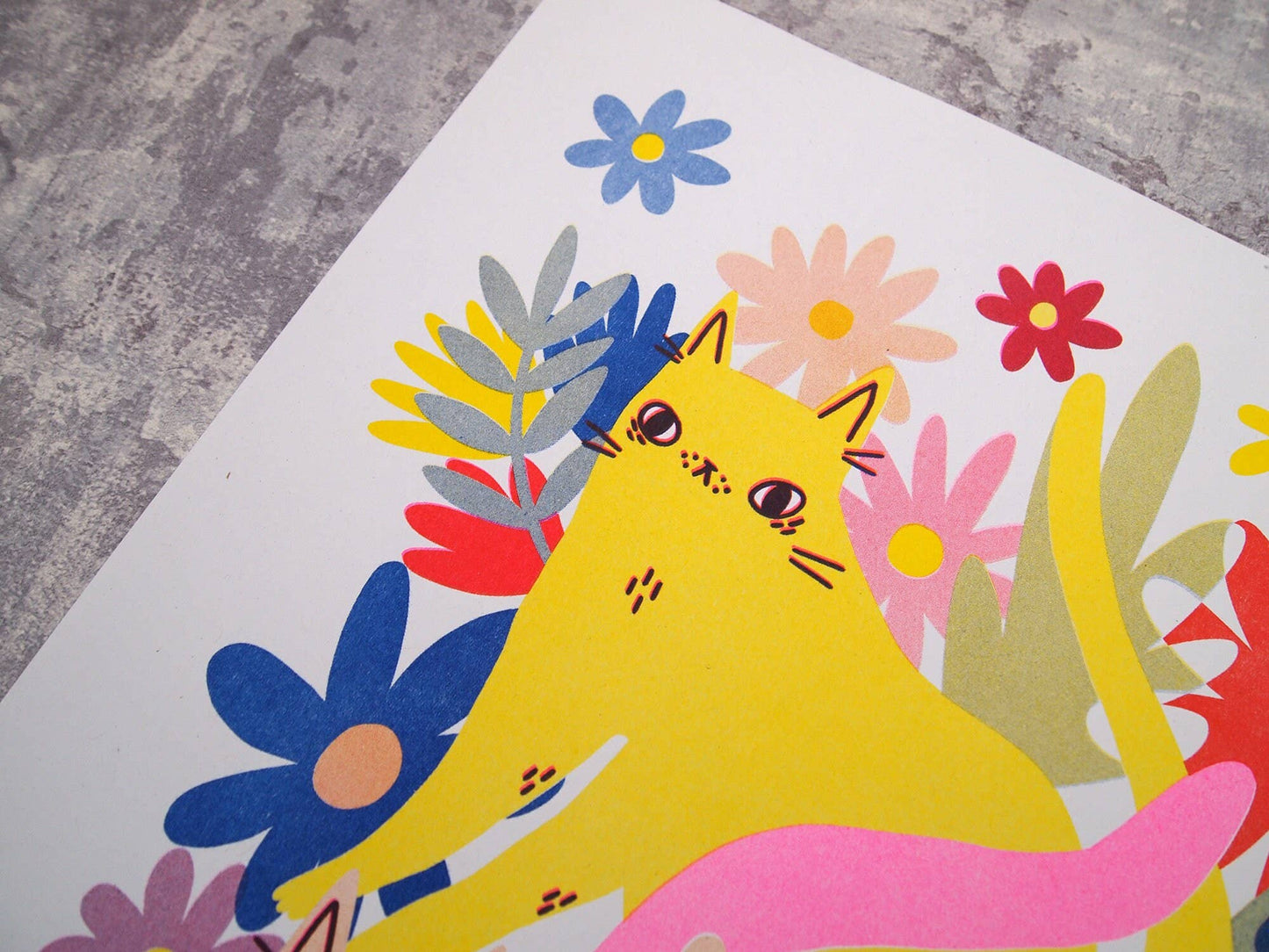 Cats and Flowers Riso Print Artwork
