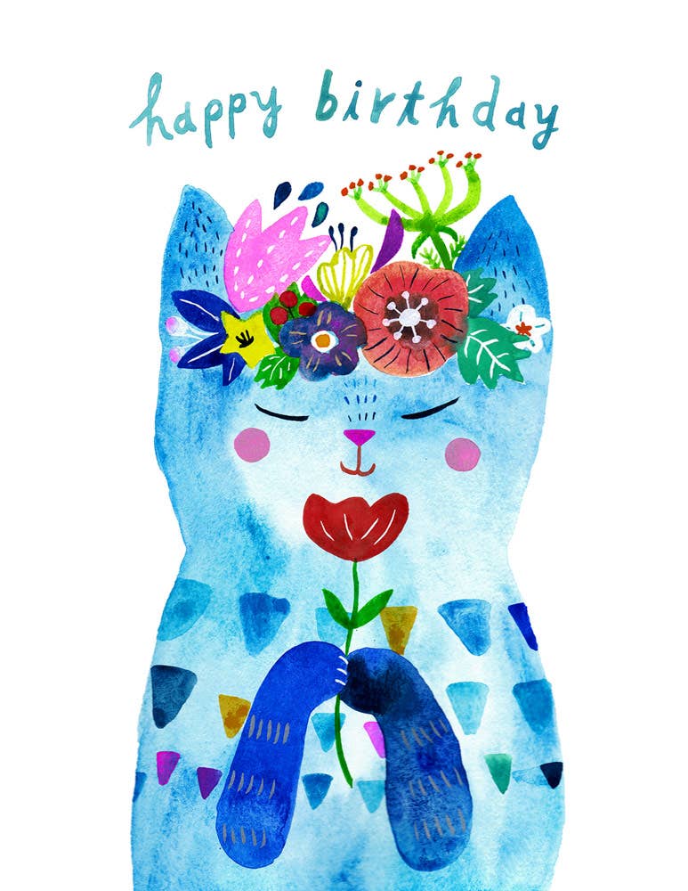 Blue Flower Kitty Birthday Greeting Card - The Regal Find
