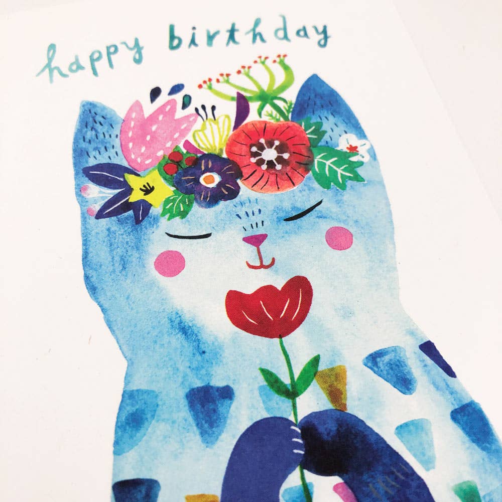 Blue Flower Kitty Birthday Greeting Card - The Regal Find