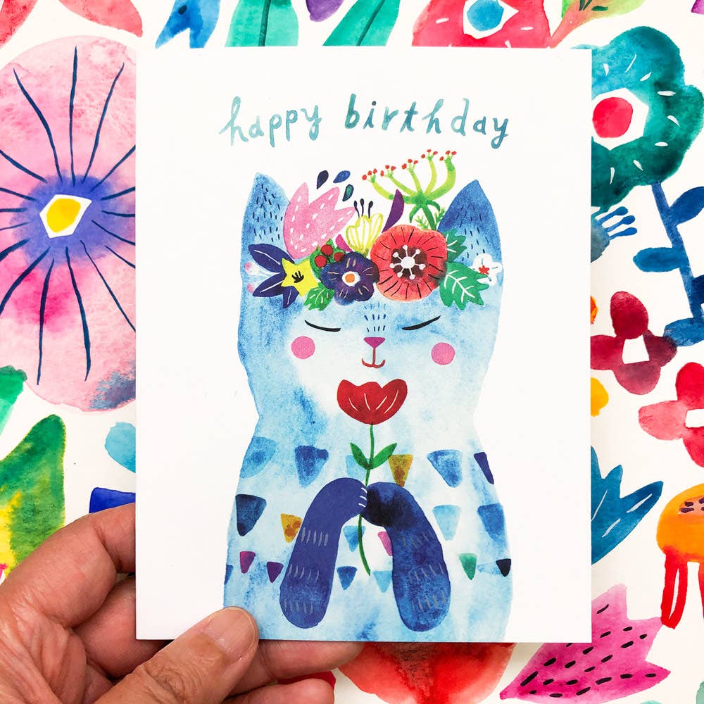 Blue Flower Kitty Birthday Greeting Card - The Regal Find