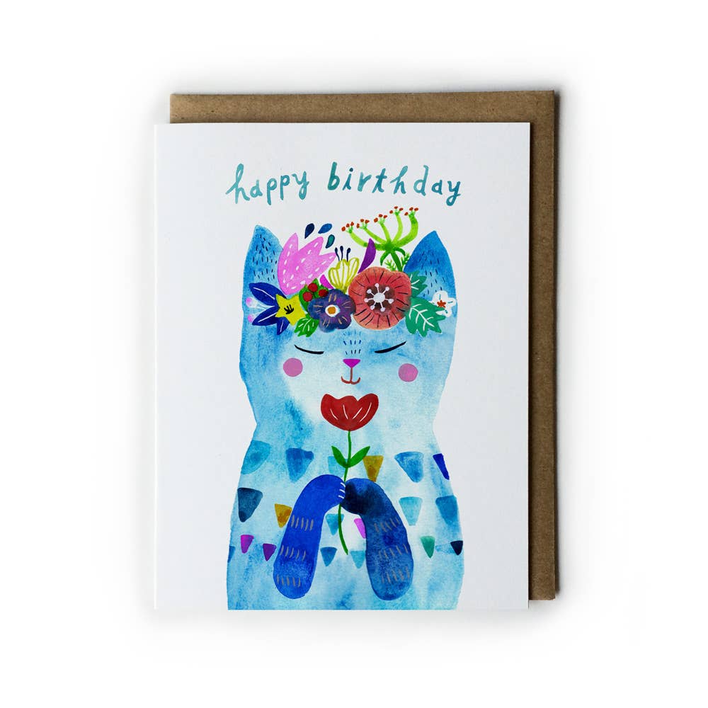 Blue Flower Kitty Birthday Greeting Card - The Regal Find