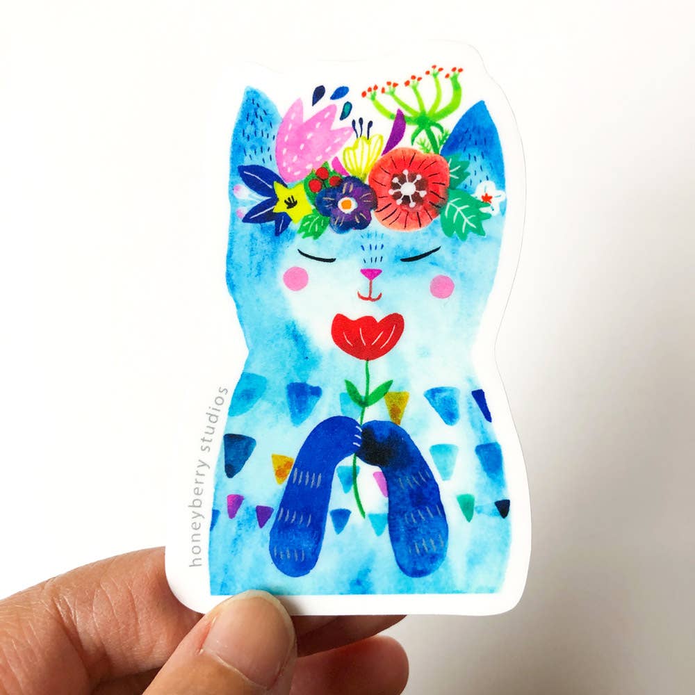 Blue Flower Kitty Vinyl Sticker - The Regal Find