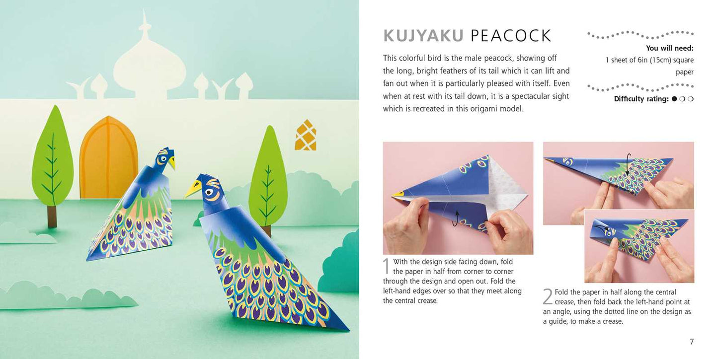 Instructions for making a Kujyaku Peacock craft with step-by-step illustrations and text.