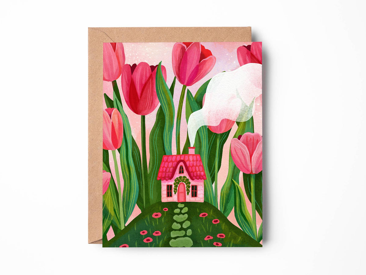 Pink Tulip Cottage Greeting Card, Blank Everyday Card