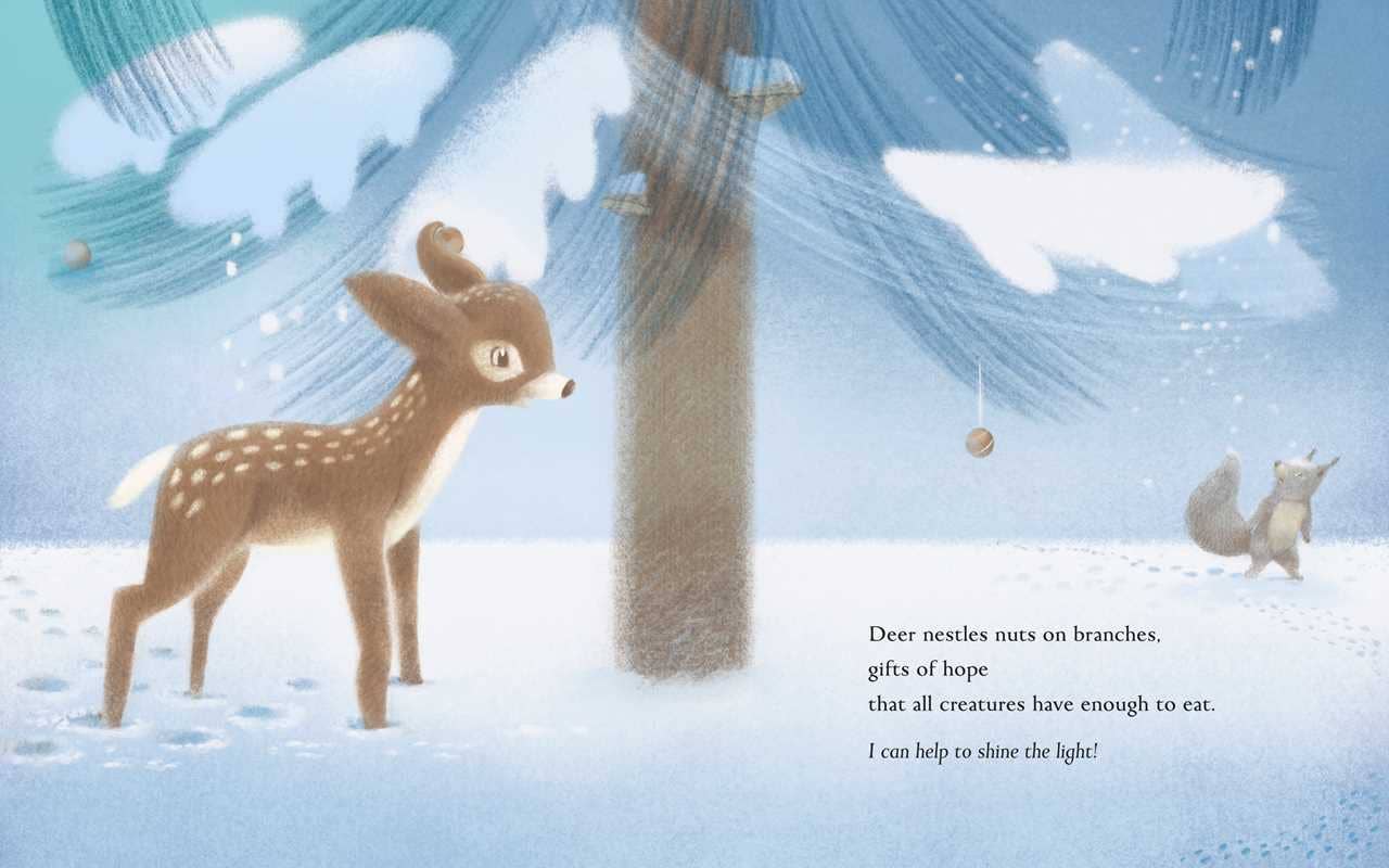 Illustration of a deer and a squirrel in a snowy landscape with text.