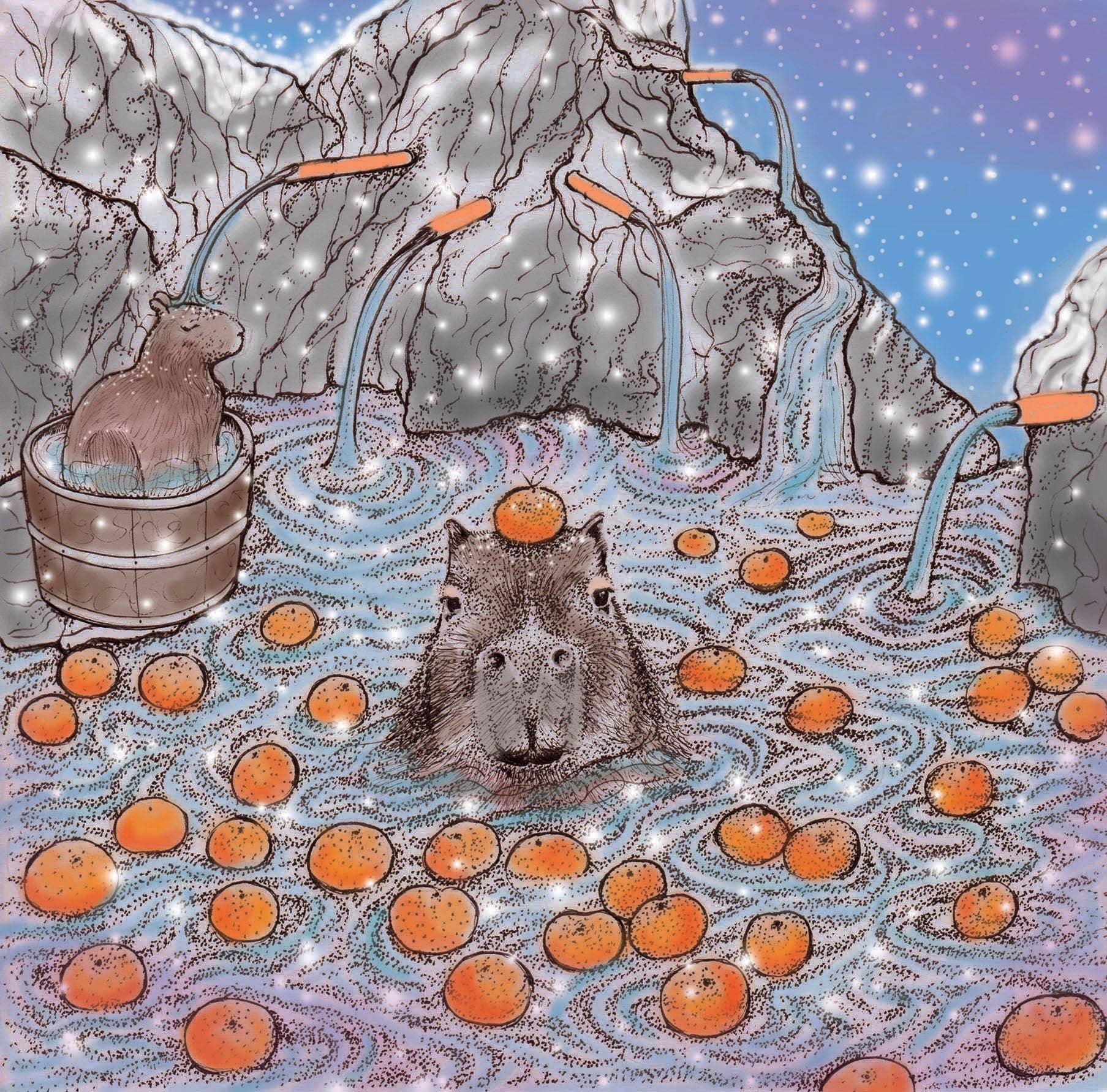 Capybara In A Mandarin Onsen Greeting Card - The Regal Find