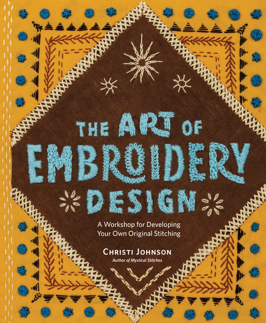 Book cover of 'The Art of Embroidery Design' with embroidered text and patterns.