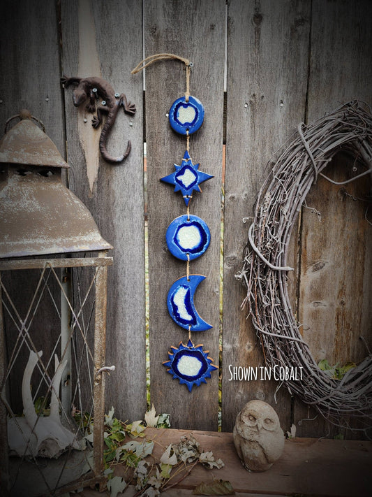 Celestial Wall Hanging, Handmade Sun Moon Stars, Boho Gift: Aqua / Small 26" x 5" - The Regal Find