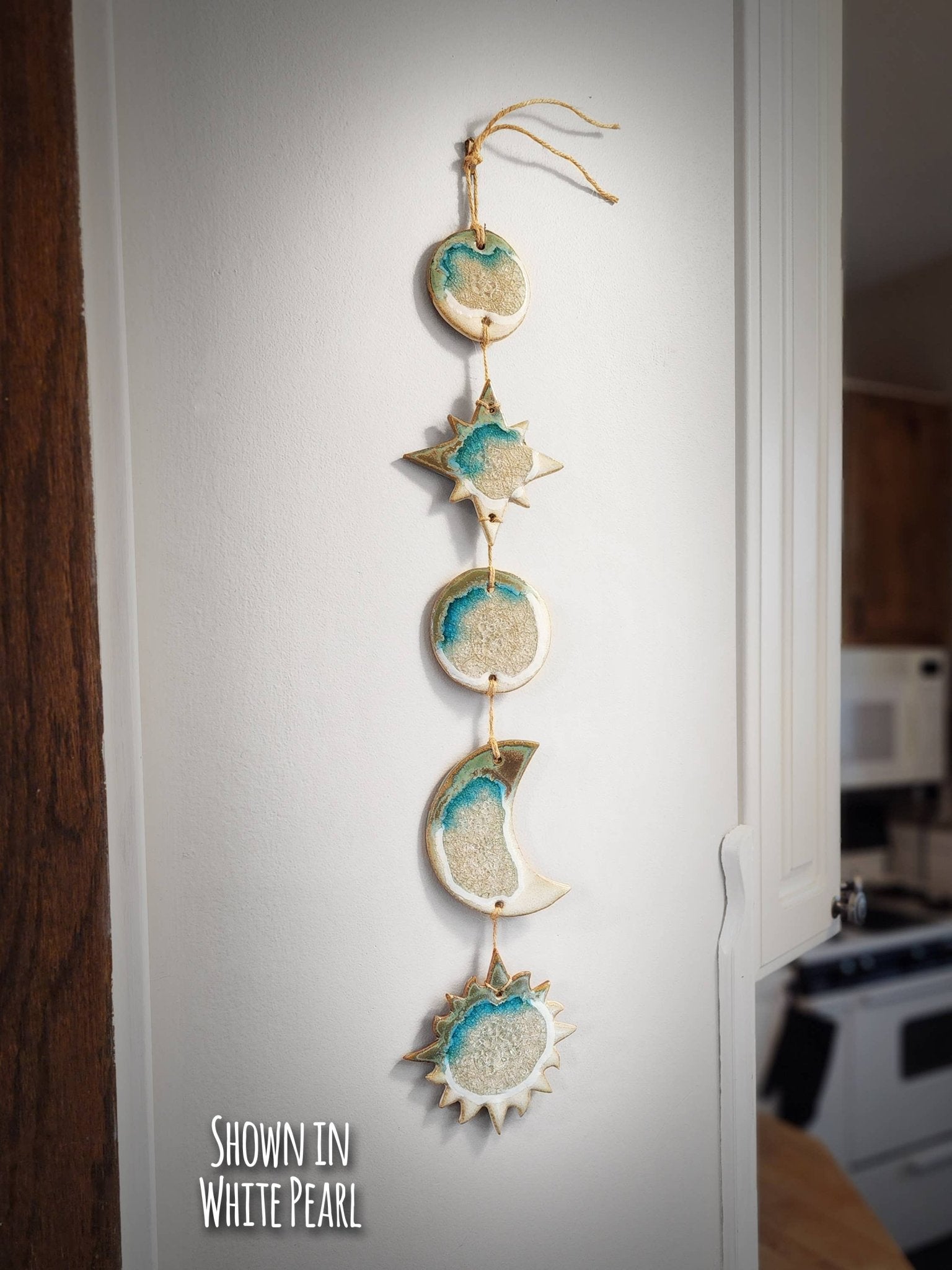 Celestial Wall Hanging, Handmade Sun Moon Stars, Boho Gift: Ash / Small 26" x 5" - The Regal Find