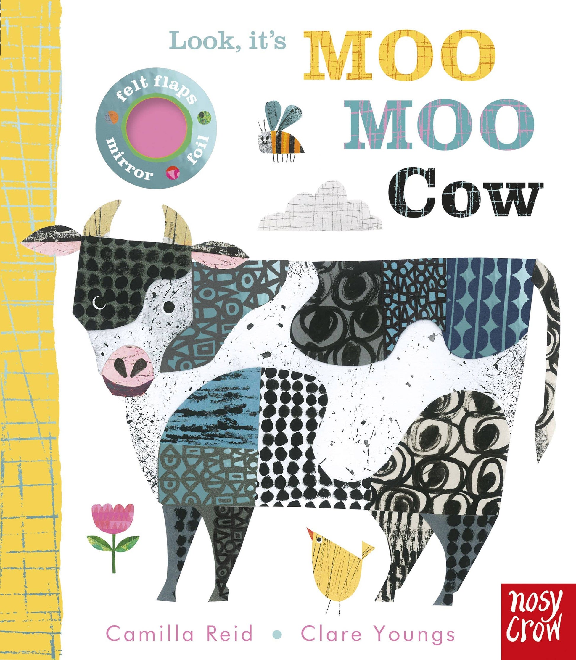 Book cover of 'Moo Moo Cow' with a cow illustration and colorful text.