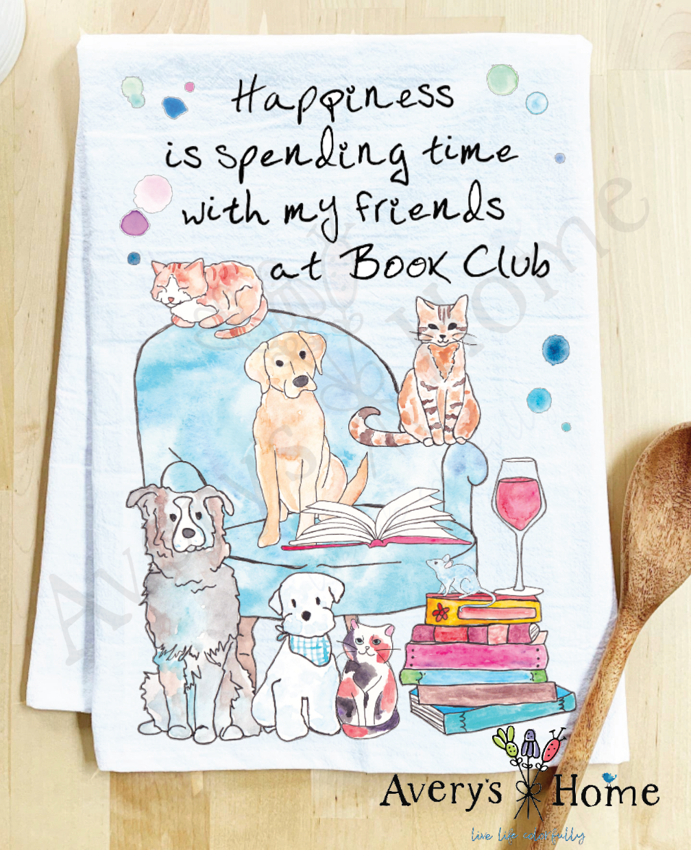 Book Club, Reading, Wine, Cats, & Dogs Tea Towel